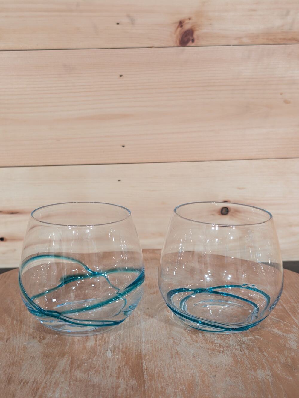 Pier 1 Imports Swirline Turquoise Stemless Wine Glasses - Set of 2 - Disc